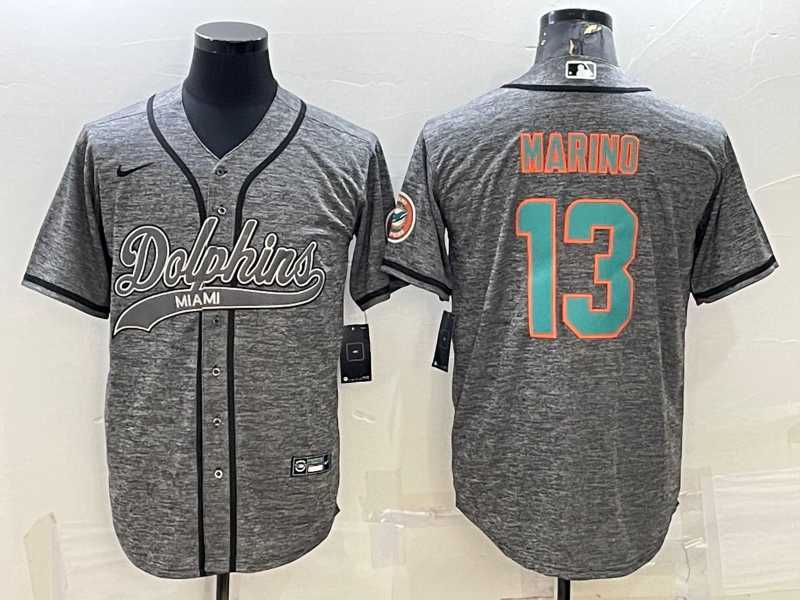 Men%27s Miami Dolphins #13 Dan Marino Grey Gridiron With Patch Cool Base Stitched Baseball Jersey